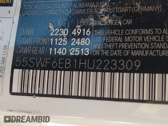 2017 Mercedes-Benz C 43 AMG with VIN 55SWF6EB1HU223309, listed as a IAAI auction lot 40724327 with 24,606 mi miles and . Bid and sale history available at DreamBid. Image 9.