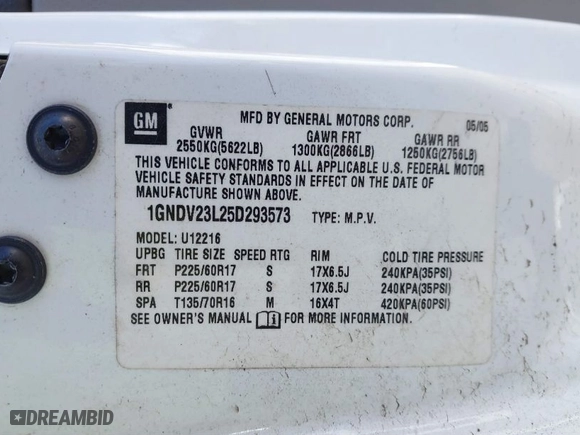 2005 Chevrolet Uplander LS with VIN 1GNDV23L25D293573, listed as a IAAI auction lot 41472132 with 208,714 mi miles. Bid and sale history available at carsss.com. Image 9.