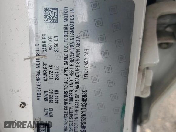 2013 Buick Verano Group z VIN 1G4PS5SK1D4245839, wystawiony jako Copart lot #62083345 z przebiegiem 189 709 mil mil oraz Szkoda całkowita • Salvage title. Historia ofert i sprzedaży dostępna na DreamBid. Obrazek 12.