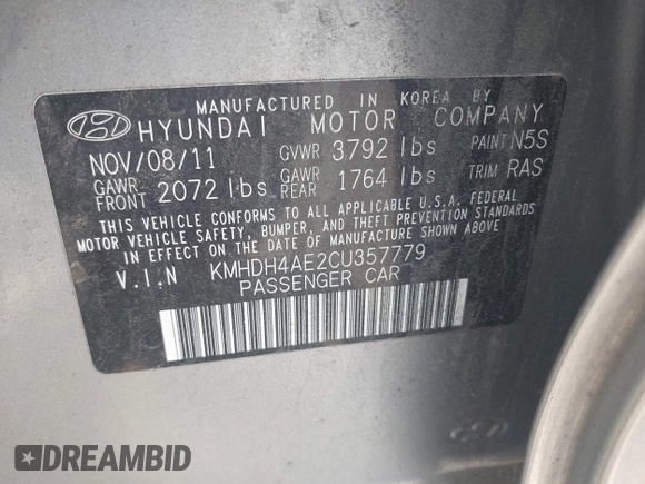 2012 Hyundai Elantra Limited with VIN KMHDH4AE2CU357779, listed as a IAAI auction lot 42560594 with 118,794 mi miles and . Bid and sale history available at DreamBid. Image 9.