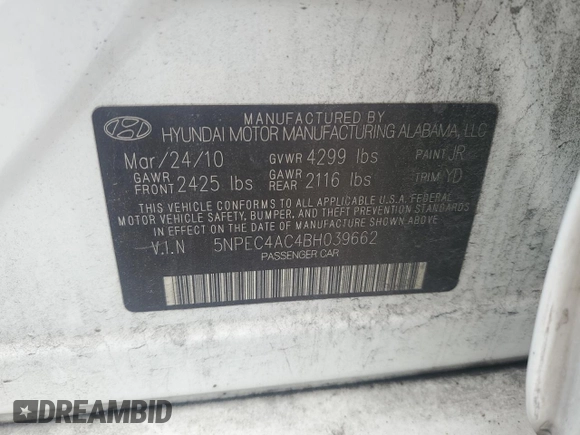 2011 Hyundai Sonata Limited with VIN 5NPEC4AC4BH039662, listed as a Copart auction lot 54374195 with 168,720 mi miles and Clean Title. Bid and sale history available at DreamBid. Image 12.