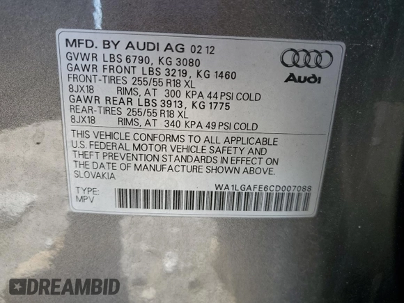 2012 Audi Q7 Premium Plus с VIN WA1LGAFE6CD007088, выставлен на аукционе Copart как лот 57697315 с пробегом 154 956 миль миль и Чистый • Clean title. История ставок и продаж доступна на DreamBid. Изображение 13.