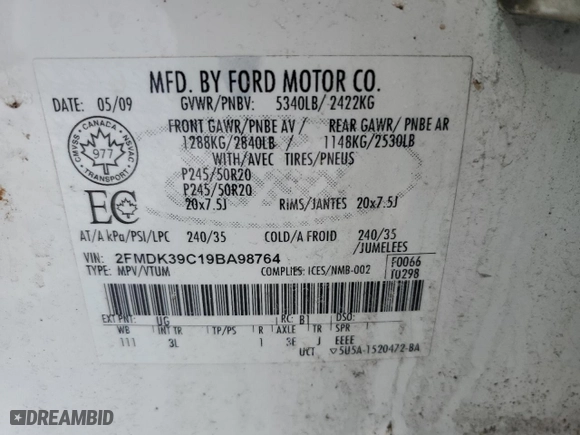 2009 Ford Edge Limited with VIN 2FMDK39C19BA98764, listed as a Copart auction lot 42400995 with 0 mi miles and Non Repairable. Bid and sale history available at carsss.com. Image 13.