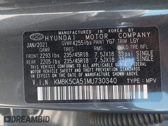 2021 Hyundai Kona Ultimate with VIN KM8K5CA51MU730340, listed as a IAAI auction lot 41662900 with 63,660 mi miles and . Bid and sale history available at carsss.com. Image 9.