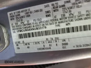 2022 Ford Escape SE z VIN 1FMCU9G6XNUB33179, wystawiony jako IAAI lot #42793652 z przebiegiem 44 194 mil mil oraz . Historia ofert i sprzedaży dostępna na DreamBid. Obrazek 24.