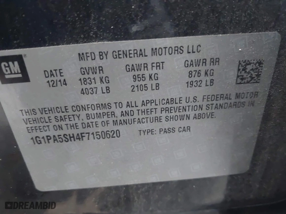 2015 Chevrolet Cruze LS with VIN 1G1PA5SH4F7150620, listed as a IAAI auction lot 41110009 with 77,494 mi miles. Bid and sale history available at carsss.com. Image 9.