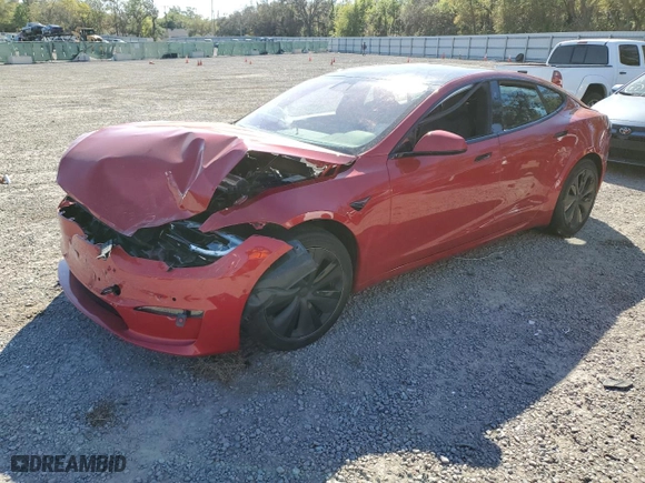 2023 Tesla Model S with VIN 5YJSA1E5XPF499692, listed as a Copart auction lot 48759145 with 0 mi miles and Salvage Title. Bid and sale history available at carsss.com. Image 1.