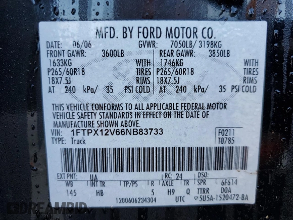 2006 Ford F-150 XL with VIN 1FTPX12V66NB83733, listed as a Copart auction lot 76929144 with 350,059 mi miles and Salvage Title. Bid and sale history available at carsss.com. Image 14.
