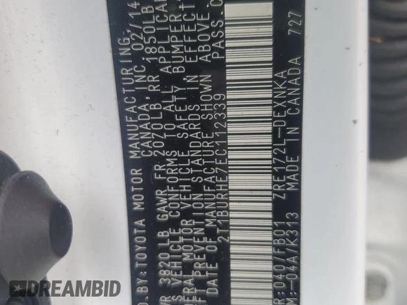 2014 Toyota Corolla L with VIN 2T1BURHE7EC112339, listed as a Copart auction lot 59408665 with Not provided miles and Salvage title. Bid and sale history available at DreamBid. Image 12.