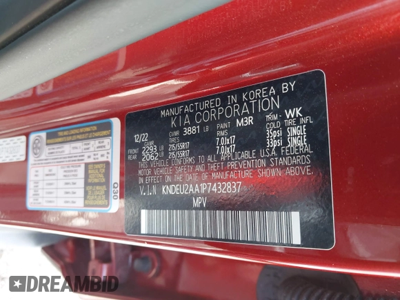 2023 Kia Seltos S with VIN KNDEU2AA1P7432837, listed as a IAAI auction lot 42213801 with 34,820 mi miles and . Bid and sale history available at DreamBid. Image 9.