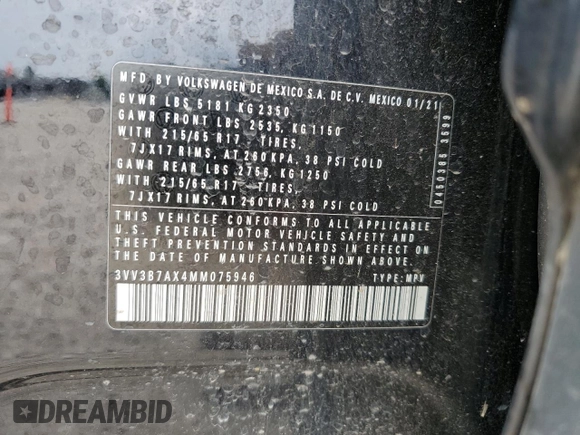 2021 Volkswagen Tiguan SE z VIN 3VV3B7AX4MM075946, wystawiony jako Copart lot #54315625 z przebiegiem 62 399 mil mil oraz Szkoda całkowita • Salvage title. Historia ofert i sprzedaży dostępna na DreamBid. Obrazek 14.