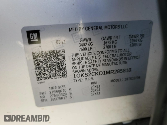 2021 GMC Yukon AT4 with VIN 1GKS2CKD1MR285818, listed as a Copart auction lot 44704525 with 56,635 mi miles and Salvage Title. Bid and sale history available at carsss.com. Image 12.