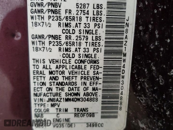 2013 Nissan Murano SV with VIN JN8AZ1MW4DW304888, listed as a Copart auction lot 44123955 with 134,020 mi miles and Salvage Title. Bid and sale history available at carsss.com. Image 13.