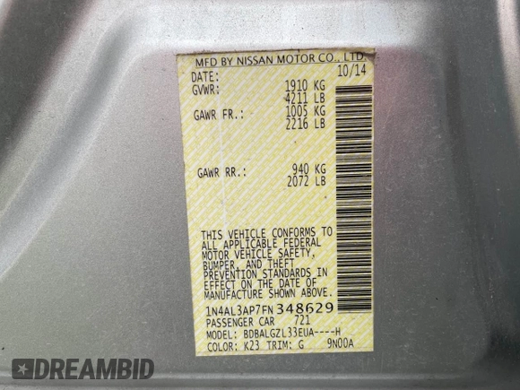 2015 Nissan Altima S with VIN 1N4AL3AP7FN348629, listed as a IAAI auction lot 41723798 with 283,642 mi miles and . Bid and sale history available at DreamBid. Image 9.