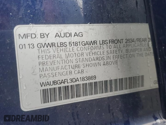 2013 Audi S4 Premium Plus with VIN WAUBGAFL3DA183869, listed as a Copart auction lot 52147415 with 104,873 mi miles and Salvage Title. Bid and sale history available at carsss.com. Image 13.