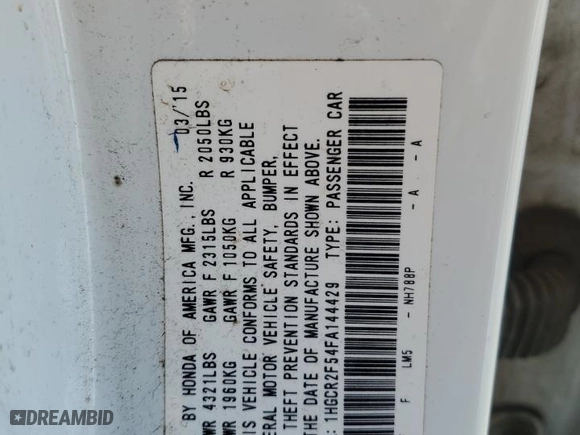 2015 Honda Accord Sedan Sport with VIN 1HGCR2F54FA144429, listed as a Copart auction lot 51715255 with 108,057 mi miles and Salvage Title. Bid and sale history available at carsss.com. Image 12.