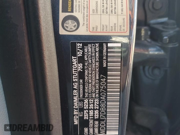 2013 Mercedes-Benz CLS 550 with VIN WDDLJ7DB8DA075047, listed as a Copart auction lot 63877035 with Not provided miles and Clean title. Bid and sale history available at DreamBid. Image 12.