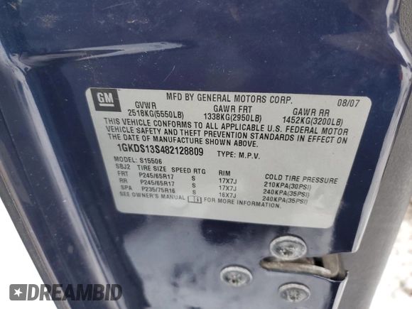 2008 GMC Envoy SLE1 with VIN 1GKDS13S482128809, listed as a Copart auction lot 85961974 with 190,263 mi miles and Clean Title. Bid and sale history available at DreamBid. Image 13.
