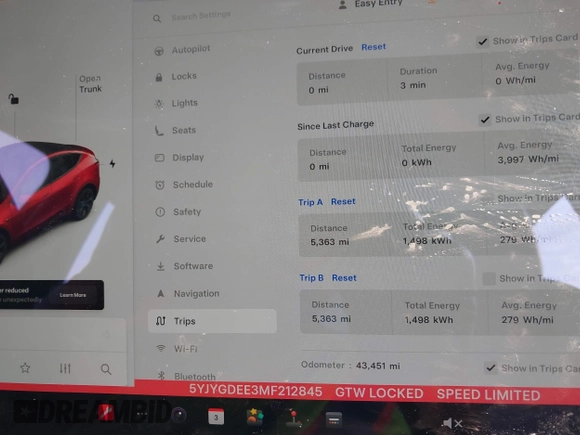 2021 Tesla Model Y Long Range with VIN 5YJYGDEE3MF212845, listed as a IAAI auction lot 41864260 with 43,451 mi miles. Bid and sale history available at carsss.com. Image 7.