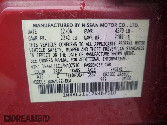 2007 Nissan Altima 2.5 with VIN 1N4AL21E17N407510, listed as a Copart auction lot 44767725 with 186,527 mi miles and Salvage Title. Bid and sale history available at carsss.com. Image 13.