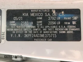 2021 Kia Forte LXS z VIN 3KPF24AD3ME375715, wystawiony jako Copart lot #59301265 z przebiegiem 110 303 mil mil oraz Szkoda całkowita • Salvage title. Historia ofert i sprzedaży dostępna na DreamBid. Obrazek 12.