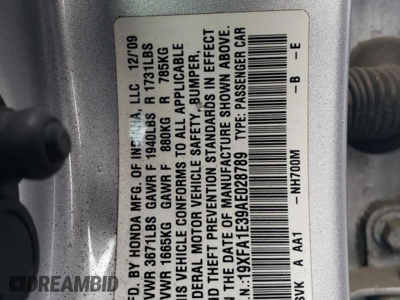 2010 Honda Civic z VIN 19XFA1E39AE028789, wystawiony jako Copart lot #71501844 z przebiegiem 136 429 mil mil oraz Szkoda całkowita • Salvage title. Historia ofert i sprzedaży dostępna na DreamBid. Obrazek 12.
