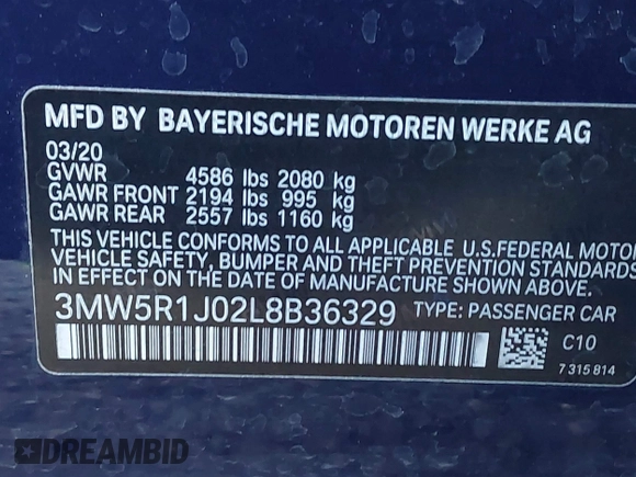 2020 BMW 3 Series 330i with VIN 3MW5R1J02L8B36329, listed as a IAAI auction lot 41796964 with 43,718 mi miles. Bid and sale history available at carsss.com. Image 9.
