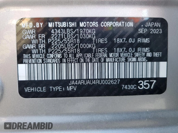 2024 Mitsubishi Outlander S z VIN JA4ARUAU4RU002627, wystawiony jako Copart lot #61093525 z przebiegiem 27 198 mil mil oraz Czysty tytuł • Clean title. Historia ofert i sprzedaży dostępna na DreamBid. Obrazek 13.