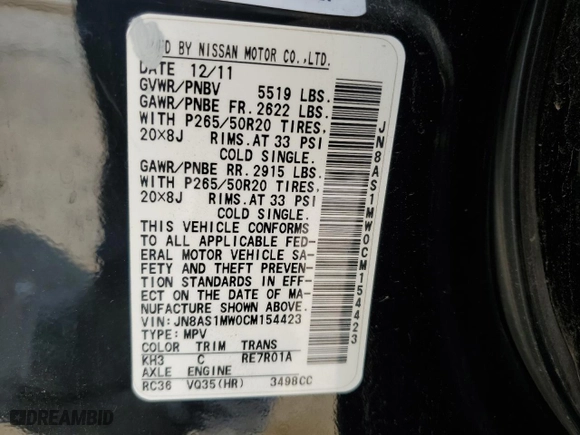 2012 Infiniti FX35 with VIN JN8AS1MW0CM154423, listed as a Copart auction lot 68378164 with 173,839 mi miles and Salvage Title. Bid and sale history available at carsss.com. Image 13.