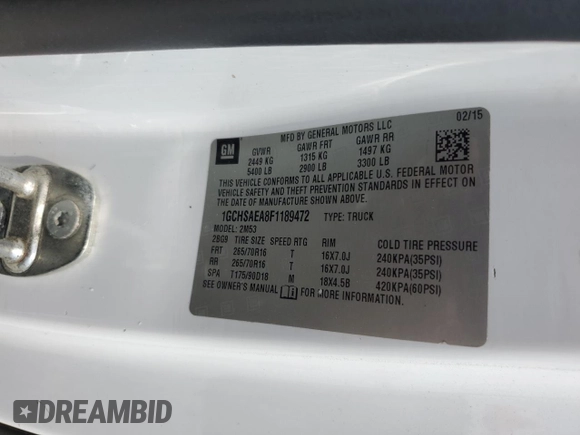 2015 Chevrolet Colorado 2WD WT with VIN 1GCHSAEA8F1189472, listed as a Copart auction lot 58863215 with 201,722 mi miles and Clean title. Bid and sale history available at DreamBid. Image 12.