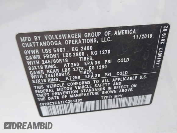 2020 Volkswagen Atlas SE with VIN 1V23C2CA1LC201332, listed as a IAAI auction lot 42372103 with 81,424 mi miles and . Bid and sale history available at DreamBid. Image 9.