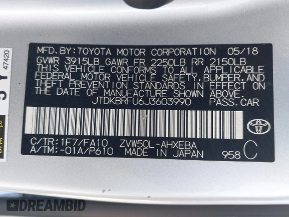 2018 Toyota Prius Two with VIN JTDKBRFU6J3603990, listed as a IAAI auction lot 42151090 with 71,388 mi miles and . Bid and sale history available at DreamBid. Image 9.