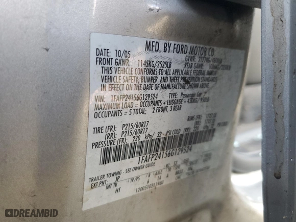 2006 Ford Five Hundred SEL with VIN 1FAFP24156G129524, listed as a Copart auction lot 73710504 with 221,311 mi miles and Salvage Title. Bid and sale history available at carsss.com. Image 12.