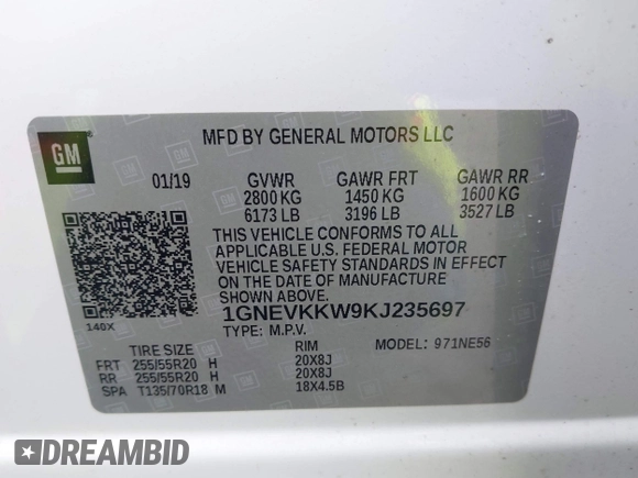 2019 Chevrolet Traverse Premier with VIN 1GNEVKKW9KJ235697, listed as a IAAI auction lot 41881063 with 78,174 mi miles. Bid and sale history available at carsss.com. Image 9.