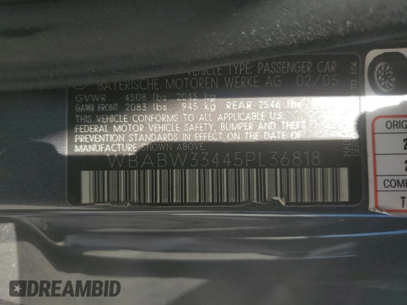 2005 BMW 3 Series 325Ci with VIN WBABW33445PL36818, listed as a Copart auction lot 48857995 with Not Provided miles and Salvage Title. Bid and sale history available at carsss.com. Image 12.