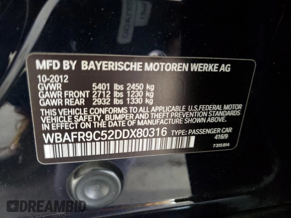 2013 BMW 5 Series 550i with VIN WBAFR9C52DDX80316, listed as a Copart auction lot 53540725 with 122,896 mi miles and Salvage Title. Bid and sale history available at carsss.com. Image 14.
