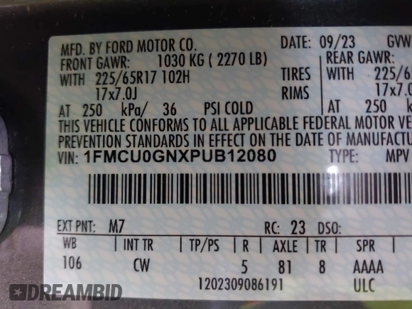 2023 Ford Escape Active with VIN 1FMCU0GNXPUB12080, listed as a IAAI auction lot 41819996 with 18,850 mi miles and . Bid and sale history available at DreamBid. Image 9.