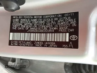 2011 Toyota Prius I with VIN JTDKN3DU4B0322894, listed as a IAAI auction lot 41806593 with 184,261 mi miles. Bid and sale history available at carsss.com. Image 9.