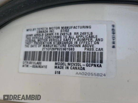 2002 Toyota Solara SE with VIN 2T1CF28P82C601593, listed as a Copart auction lot 60487005 with 137,624 mi miles and Salvage title. Bid and sale history available at DreamBid. Image 12.