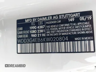 2019 Mercedes-Benz A 220 with VIN WDD3G4EB6KW020804, listed as a IAAI auction lot 41731423 with 57,311 mi miles and . Bid and sale history available at DreamBid. Image 9.