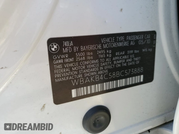 2011 BMW 7 Series 740Li with VIN WBAKB4C58BC573888, listed as a Copart auction lot 78736874 with 76,832 mi miles and Salvage Title. Bid and sale history available at DreamBid. Image 12.