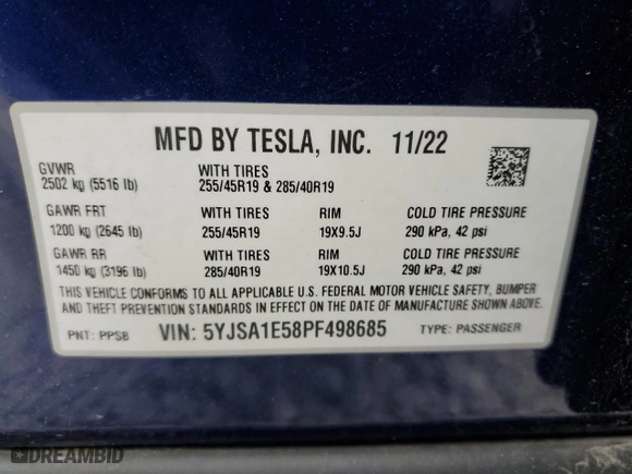 2023 Tesla Model S with VIN 5YJSA1E58PF498685, listed as a Copart auction lot 41690475 with 0 mi miles and Salvage Title. Bid and sale history available at carsss.com. Image 13.