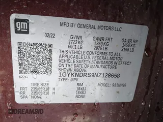 2022 Cadillac XT5 AWD Premium Luxury with VIN 1GYKNDRS9NZ128658, listed as a IAAI auction lot 41330193 with 34,361 mi miles and . Bid and sale history available at DreamBid. Image 9.