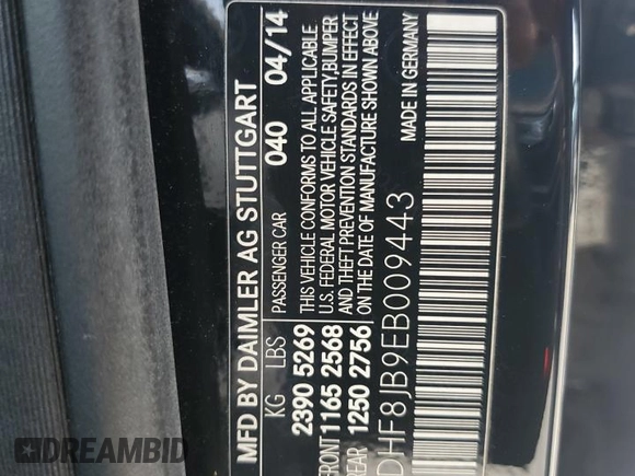 2014 Mercedes-Benz E 350 Luxury with VIN WDDHF8JB9EB009443, listed as a Copart auction lot 65094745 with 69,245 mi miles and Salvage title. Bid and sale history available at DreamBid. Image 13.