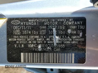 2012 Hyundai Accent GLS with VIN KMHCU4AE6CU185988, listed as a Copart auction lot 53572835 with 105,200 mi miles and Salvage Title. Bid and sale history available at carsss.com. Image 12.