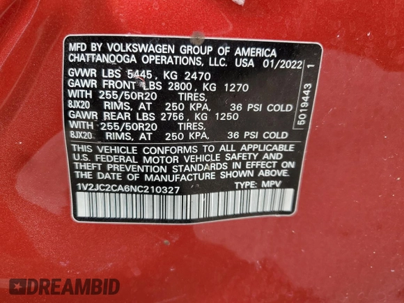 2022 Volkswagen Atlas SE z VIN 1V2JC2CA6NC210327, wystawiony jako Copart lot #56853385 z przebiegiem 96 466 mil mil oraz Nie do naprawy • Non repairable. Historia ofert i sprzedaży dostępna na DreamBid. Obrazek 13.