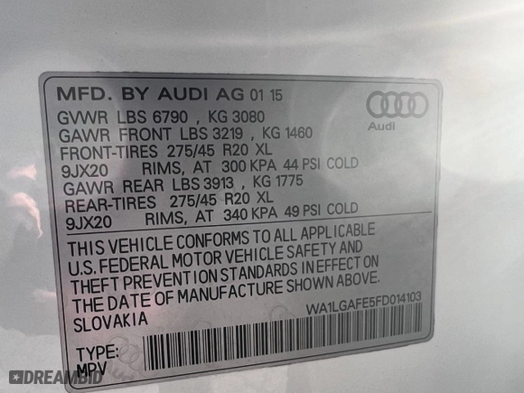 2015 Audi Q7 3.0T Premium Plus with VIN WA1LGAFE5FD014103, listed as a Copart auction lot 50375685 with 152406 miles and Clean Title. Bid and sale history available at carsss.com. Image 10.