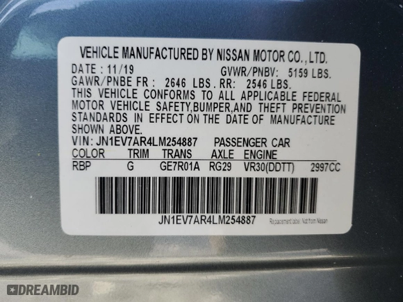2020 Infiniti Q50 3.0t SPORT with VIN JN1EV7AR4LM254887, listed as a Copart auction lot 44941015 with 105,302 mi miles and Salvage Title. Bid and sale history available at carsss.com. Image 12.