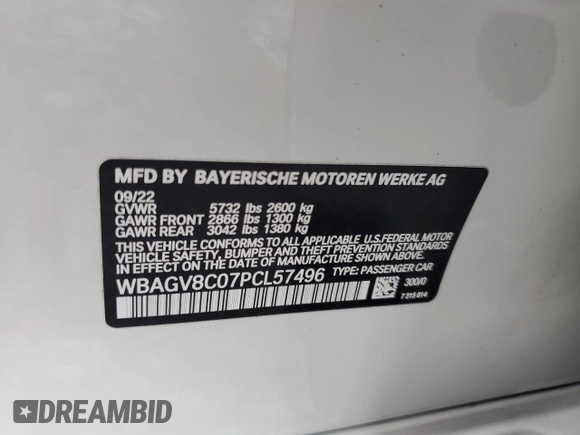 2023 BMW 8 Series M850i with VIN WBAGV8C07PCL57496, listed as a Copart auction lot 64175375 with Not provided miles and Non repairable. Bid and sale history available at DreamBid. Image 12.