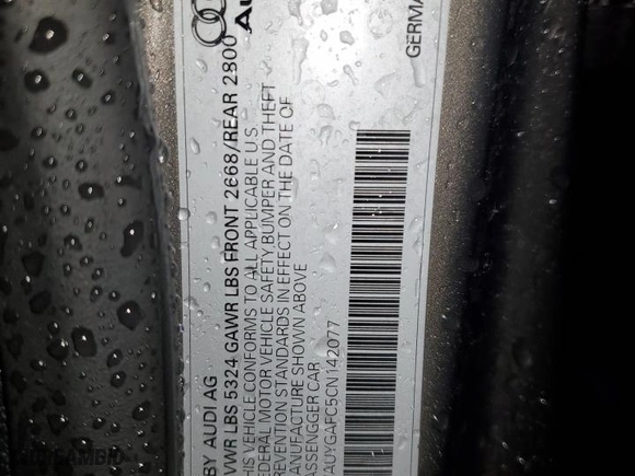 2012 Audi A7 3.0 Premium Plus with VIN WAUYGAFC5CN142077, listed as a Copart auction lot 86194124 with 100,050 mi miles and Salvage Title. Bid and sale history available at carsss.com. Image 14.